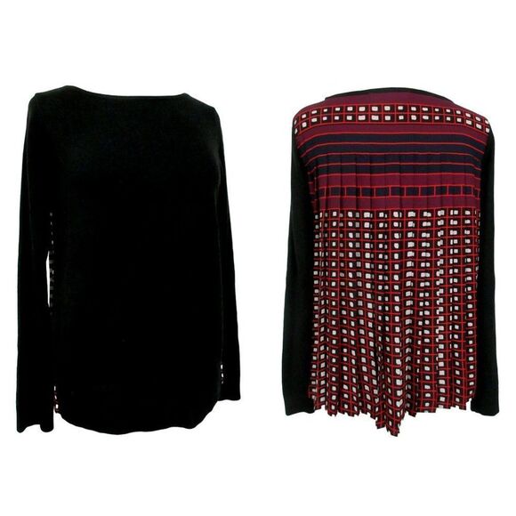 Ann Taylor LOFT Black Knit Front Pleated Geo Print Back Pullover Blouse Top XS - Picture 1 of 7